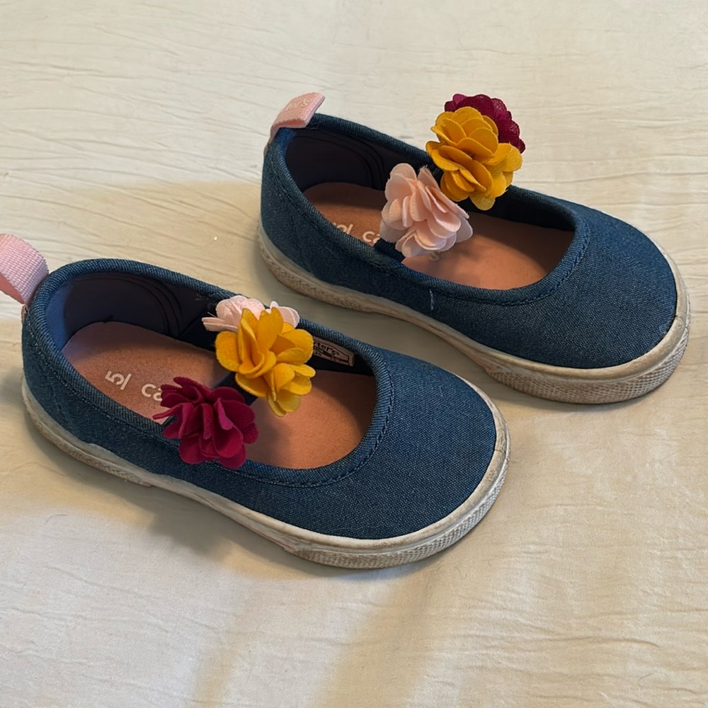 Blue Toddler Slip on Shoes with Floral Accent